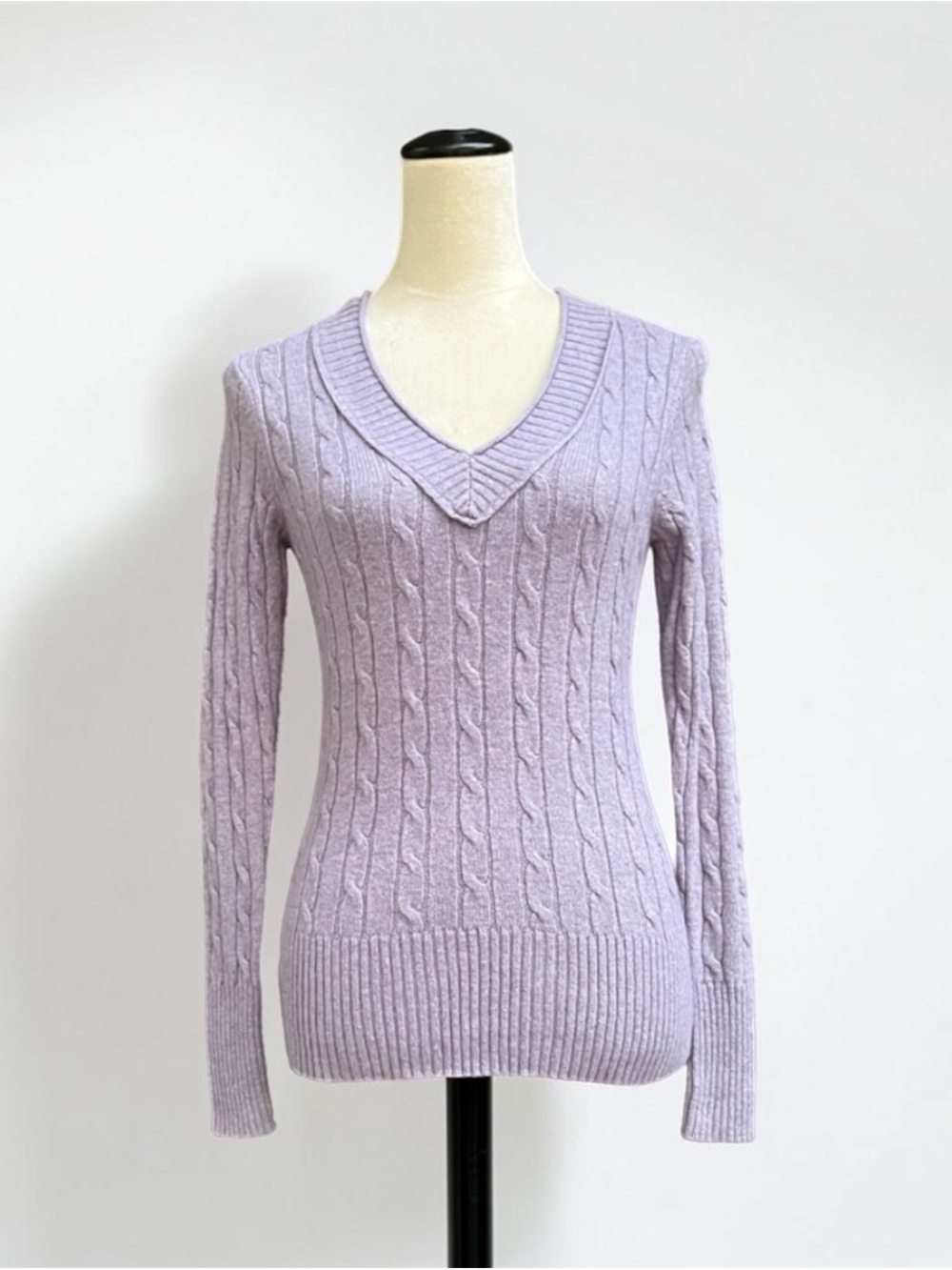 LOFT Ann Taylor Lavender Cable Knit V-Neck Sweater Wool Blend XS